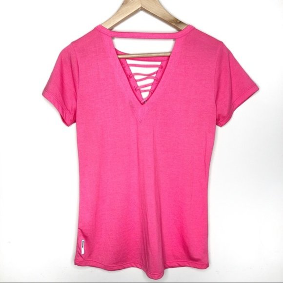 RBX Active Short Sleeve T-shirt Hot Pink Lace-Up Cut-Out Athleisure Top - Picture 4 of 6